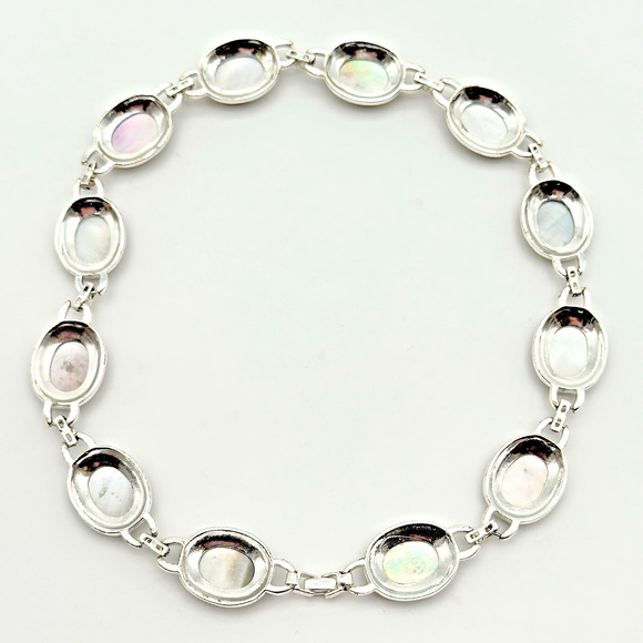 Abalone Shell Necklace Silver Tone Marcasite Halo Oval Link 18" - Picture 5 of 9